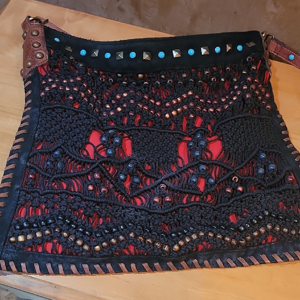 Free People Black and Red Crochet Shoulder Bag EUC
